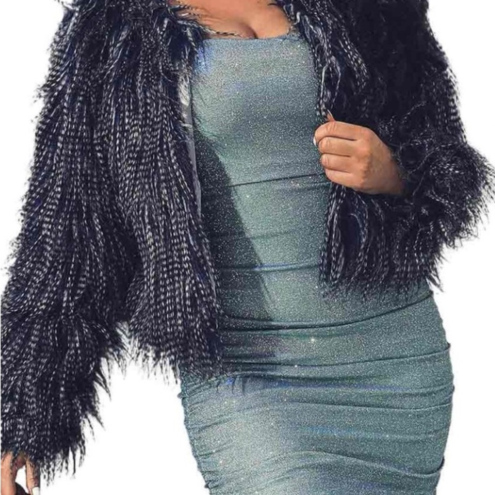 Stylish HOTTIE Faux Peacock Fur Jacket Blue Grey XL new with tags - Picture 4 of 4